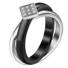 Anel de cristal de cerâmica feminino, anel clássico preto e branco com círculo duplo de aço inoxidável, joia de cristal para mulheres 2024 - compre barato