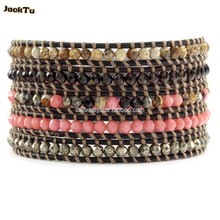 pink coral pyrite smoky beads leather wrap bracelet punk for woman 2024 - buy cheap