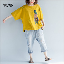 Camiseta de lino y algodón para mujer, remera de talla grande Kawaii con estampado de dibujos animados Harajuku, playera holgada informal para mujer 4XL 5XL 6XL 2019 2024 - compra barato