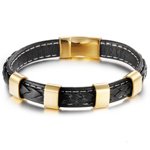 8.26'' Gold Trendy design Genuine leather w/ Stainless Steel Clasp Bracelet Bangle Hot selling Jewlery Men Women Gifts 2024 - buy cheap