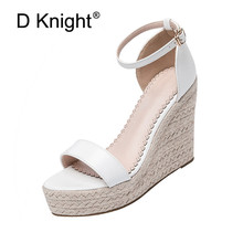 Sandalias de cuña para mujer, zapatos de plataforma con punta abierta de cuero blanco Pu, tacón alto, color negro, talla 32-44 2024 - compra barato