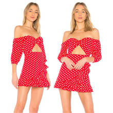 Sexy Women Off Shoulder Red Polka Dot Dress Bandeau Slash Neck Ruffles Short Dress Club Evening Party Beach Vestidos 2024 - buy cheap