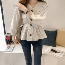 Women Spring Summer Flare Sleeve V-neck Basic Shirt New Casual Short Slim High Waist Cardigan Button Chiffon Blouse Tops 2024 - buy cheap