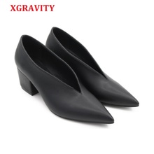 XGRAVITY Spring Autumn European American Sexy Pointed Toe Dress Shoes Deep V Design Woman Footwear Chunky Lady Wedges Shoes Hot 2024 - buy cheap