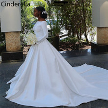 Cinderella African Boat Neck Long Sleeves A-Line Floor Length Royal Train High Quality Satin Wedding Dresses vestido de noiva 2024 - buy cheap
