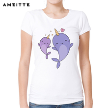 AMEITTE Funny Kawaii Two Narwhals T Shirt Summer Cute Animals Print T-shirt Harajuku Tees For Women White Geek Style Tops Female 2024 - buy cheap