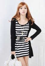 free shipping fake two piece striped long sleeve women dresses fashion dress with sashes Black 2024 - buy cheap