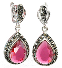 Genuine 925  Silver Faceted pink Crystal Marcasite Waterdrop Earring 1 1/2" 2024 - buy cheap