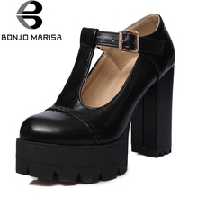 Женские туфли-лодочки BONJOMARISA, однотонные туфли на платформе и квадратном высоком каблуке, повседневные осенние туфли, большой размер 34-43, черного цвета 2024 - купить недорого