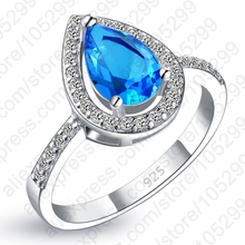 2020  Women Wedding Jewelry Gift 925 Sterling Silver Blue Cubic Zircon Water Drop Rings Free Shipping 2024 - buy cheap