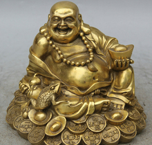 S5710 7" China Brass Seat Wealth Money Golden Toad Happy Laugh Maitreya Buddha Statue D0317 2024 - buy cheap