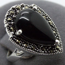 15*23mm RARE VINTAGE NATURAL BLACK Natural jade 925 SILVER MARCASITE RING SIZ 7/8/9/10 2024 - buy cheap