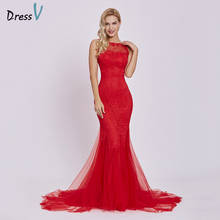Dressv red evening dress cheap sleeveless mermaid scoop neck backless sweep train wedding party formal trumpet evening dresses 2024 - buy cheap