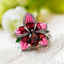 Charm Female Big Pink Flower Ring Fashion Bridal Red Stone Ring Vintage Wedding Jewelry Promise Love Engagement Rings For Women 2024 - buy cheap