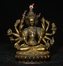 Тибетский буддизм Бронзовая позолота 12 Arms Авалокитешвара боддхисаттва статуя 9 дюймов 2024 - купить недорого