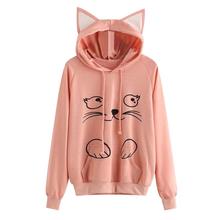Women Hoodies And Sweatshirts Harajuku Pink Kawaii With Ears Lovely Cat Print Long Sleeve Hooded Pullover Tops Sudadera Mujer 2024 - buy cheap
