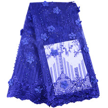 Free Shipping 3D Flowers African Tulle Lace Appliques High Quality Royal Blue French Embroidery Net Lace Fabric For Dress S1477 2024 - buy cheap