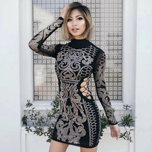 Sexy Beading Lace Up Black Bandage Dress Cut Out Mock Neck Sheer Mesh Long Sleeve Autumn New Style Mini Bodycon Dress For Women 2024 - buy cheap