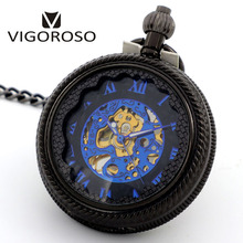 Relógio de bolso mecânico masculino, esqueleto clássico, azul com numerais romanos, caixa de presente, corrente de corrente 2024 - compre barato