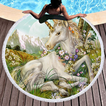 Cute 3d Horse Printed Unicorn Microfiber Painting Large Round Beach Towel,Yoga Mat Thick Terry Cloth with Tassels Beach Blanket 2024 - buy cheap