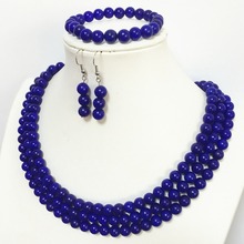 Pingente de contas redondas 8mm, conjunto de joias da moda azul lápis-lazúli com 3 linhas e pulseira elegante, 17-19 polegadas 2024 - compre barato