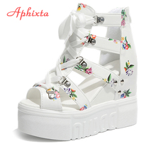 Aphixta Wedges Women Sandals Peep Toe Shoes Woman Platform Lace-up Cross-Strap Patent Leather Super High Heel Sandalia Feminina 2024 - buy cheap