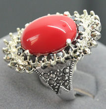 noble 16*27mm 925 STERLING SILVER MARCASITE RED CORAL RING SIZE 7/8/9/10 2024 - buy cheap