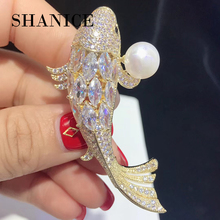 SHANICE Luxurious Gold Fish Full Crystal Cubic Zirconia Brooches Trendy Plant pearl brooch Big pins Hyperbole Ethnic 2024 - buy cheap