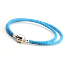 Genuine 925 Sterling Silver Sky Blue Leather Bracelets for Women DIY Charms Jewelry Making pulseras Wholesale PL016 2024 - buy cheap
