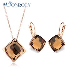 MOONROCY Free Shipping Necklace and Earrings Rose Gold Color Square Austrian Champagne Crystal Jewelry Set for Woman New Gift 2024 - buy cheap