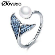 Doyubo anel feminino de prata esterlina lisa, joia com zircônia cúbica azul, estampa de cauda de peixe, anel feminino agb008 2024 - compre barato