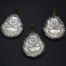Carved Laughing Buddha White MOP Shell Pendant Paved Crystal Beads Unique Jewelry Making Free Shipping 5pc/Lot 2024 - buy cheap