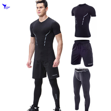 Короткий рукав, 3 шт., Быстросохнущий мужской набор для бега, компрессионный спортивный костюм, баскетбольная эластичная одежда, спортивная одежда для фитнеса, бега, спортивная одежда 2024 - купить недорого