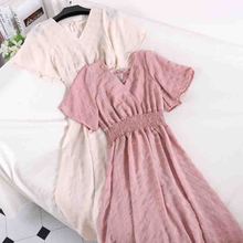 Bohemian Summer Women Chiffon Dress Elegant 2019 Short sleeve V Neck Long Dress Elastic waist Vestidos Female Casual Dresses 2024 - buy cheap