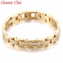 Granny Chic 7.87"*12mm Punk trend cool men's Womens Jewelry stainless steel bracelet handmade Gold Color bracelet With Crystal 2024 - buy cheap