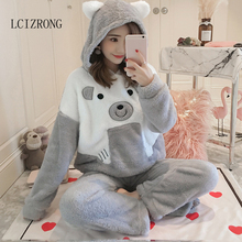 Winter Flannel Cute Bear Pajamas Set Women Long Sleeve Hooded Cartoon Tops+Pants 2 Piece Sleepwear Set Warm Soft Nightgown 2024 - buy cheap