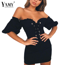 elegant lace up off shoulder dress women vintage black ruffles mini dress Sexy puff sleeve party dresses 2018 summer vestidos 2024 - buy cheap