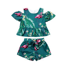 Одежда для девочек; летние топы с открытыми плечами с цветочным рисунком фламинго для маленьких девочек + шорты; комплект одежды из 2 предметов 2024 - купить недорого