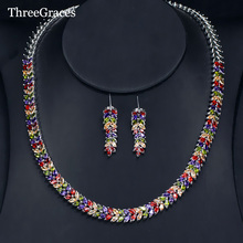 ThreeGraces Ladies Multicolored Cubic Zirconia Jewelry White Gold Color Long Leaf Dangle Earrings Chocker Necklace Set JS137 2024 - buy cheap