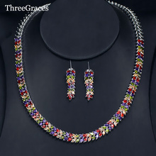 ThreeGraces Senhoras Coloridos Jóias Cúbicos de Zircônia Ouro Branco Cor Longa Folha Oscila Brincos Conjunto Colar Chocker JS137 2024 - compre barato