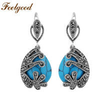 Feelgood Turkish Jewelry Silver Color Vintage Earring Crystal And Red / Blue Natural Stone Earrings For Women Party Gift 2024 - buy cheap
