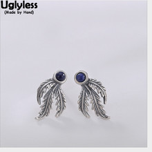 Uglyless Ethnic Phoenix Feather Stud Earrings for Women Nature Blue Lapis Studs Handmade 100% Real Solid 925 Silver Fine Jewelry 2024 - buy cheap