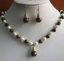 free shipping New Design 8mm Pearl/Tiger Eye Necklace +14mm Hook Earring Pendant Jewelry Set 2024 - buy cheap