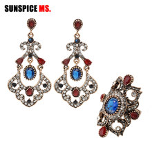 Sunspice ms retro vintage turco feminino étnico conjuntos de jóias de casamento cristal balançar brincos redondos flor anel conjunto presentes indianos 2024 - compre barato