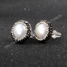 BOROSA 5 Pairs/lot Silver Round Shape Zircon Natural Freshwater Pearl Stud Earrings Jewelry pearl paved rhinestones studs jab046 2024 - buy cheap