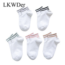 LKWDer 5 Pairs Women Socks Ladies Striped Letters Socks Japanese College Wind White Cute Girls Cotton Art Socks Calcetines Mujer 2024 - buy cheap