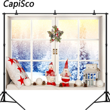 Fondos fotográficos personalizados para estudio fotográfico, corona decorativa navideña, Bahía, ventana, nieve, escénicos 2024 - compra barato