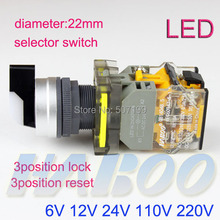 HBJ22 série 3 posição selector switch com led 5 pçs/lote bloqueio/reset iluminado interruptor rotativo de 3 posições 6 V 12 V 24 V 110 V 220 V 2024 - compre barato