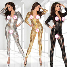 Womens Jumpsuit Catsuit Romper Metallic Bodysuit Sexy Clubwear Stripper Leather Hollow Out Catsuit Wetlook Jumpsuit 2024 - buy cheap