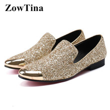 Gold Sequine Men Casual Flats Slip On Driving Shoes Man Metal Round Toe Loafers Fashion Design Zapatillas Hombre Tenis Moccasins 2024 - buy cheap